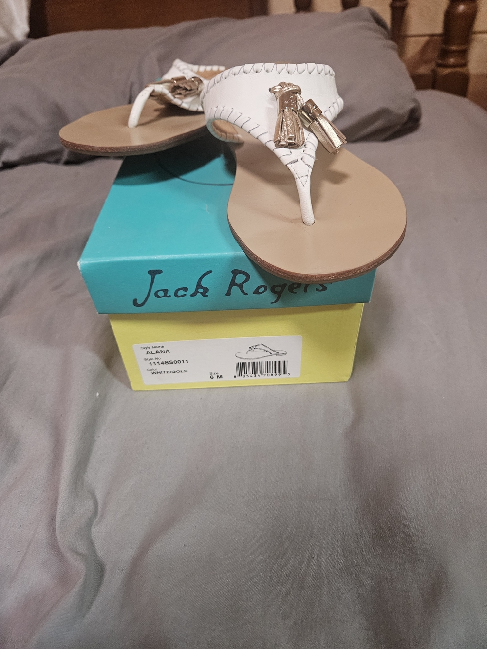 Jack Rogers White Leather Tassel Thong Sandals with Gold Accents